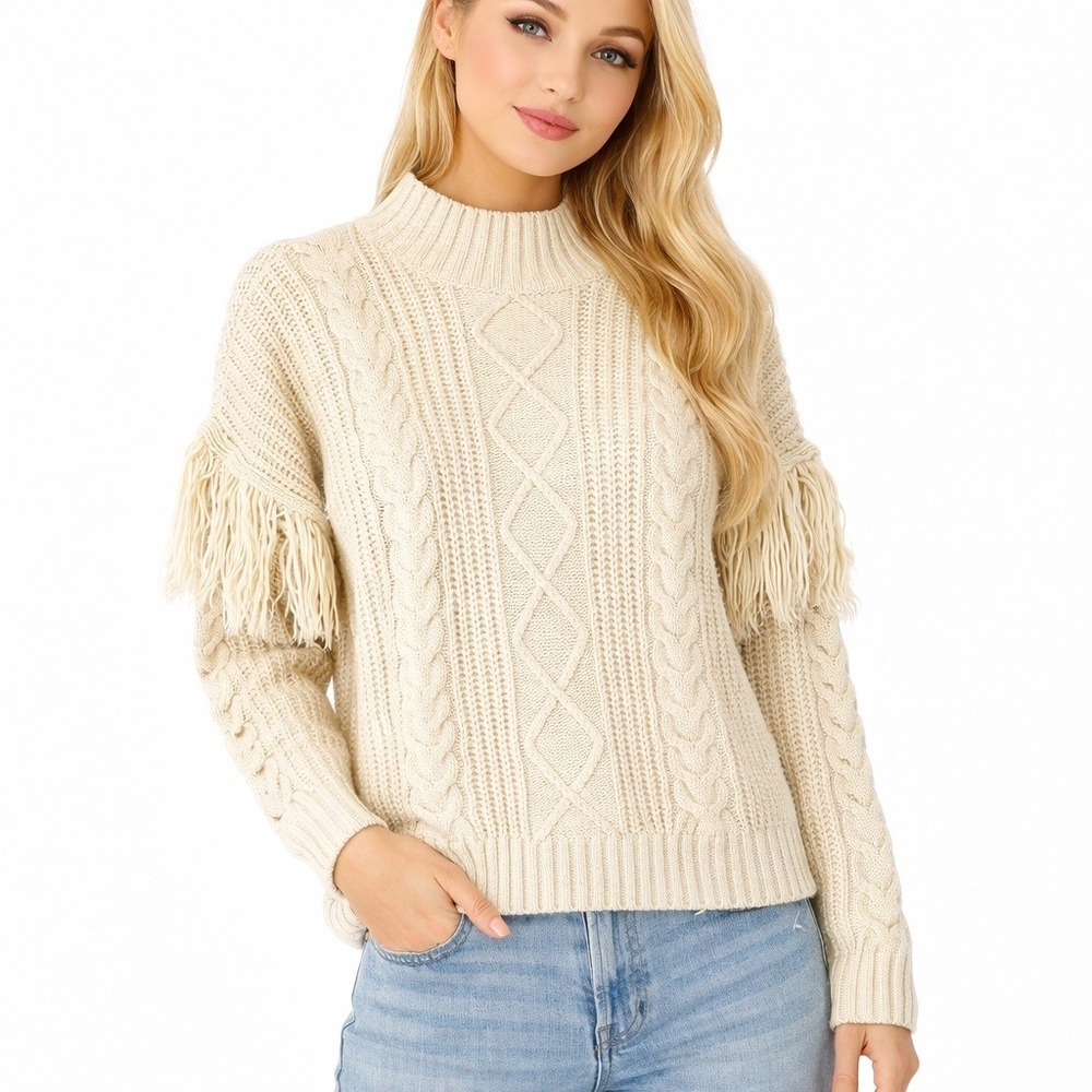 RD Style Cream Beige Cable Knit Fringe Sleeve Mock Neck Sweater Small